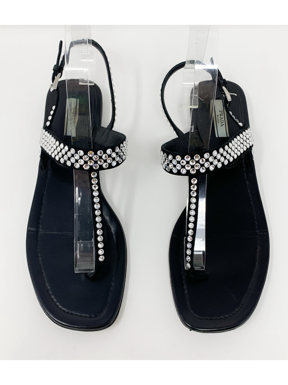 Prada Swarovski Crystal Black Suede Thong Sandals EU 39.5